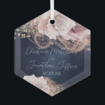 Romantic Watercolor Roses on Navy Blue Wedding Glass Tree Decoration<br><div class="desc">This wedding keepsake ornament has a glamourous vintage fairy tale theme. The background is a faded,  dark navy blue with watercolor roses with glitter accents.  Romantic blush coloured roses are pictured with ink patterns and glam faux gold glitter accents. String lights accent the flowers at the top.</div>