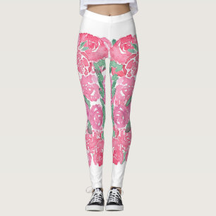 Romantic Watercolor Roses Pink Red Floral Pattern Leggings