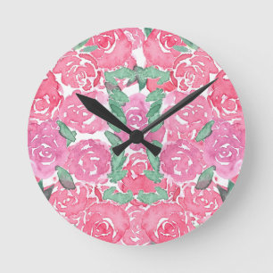 Romantic Watercolor Roses Pink Red Floral Pattern Round Clock