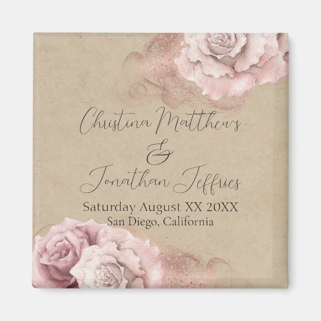 Romantic Watercolor Roses Rustic Glam Wedding Magnet (Front)