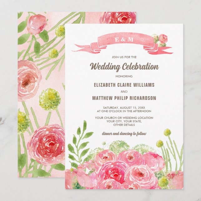 Romantic Watercolor Roses Wedding  Invitation (Front/Back)