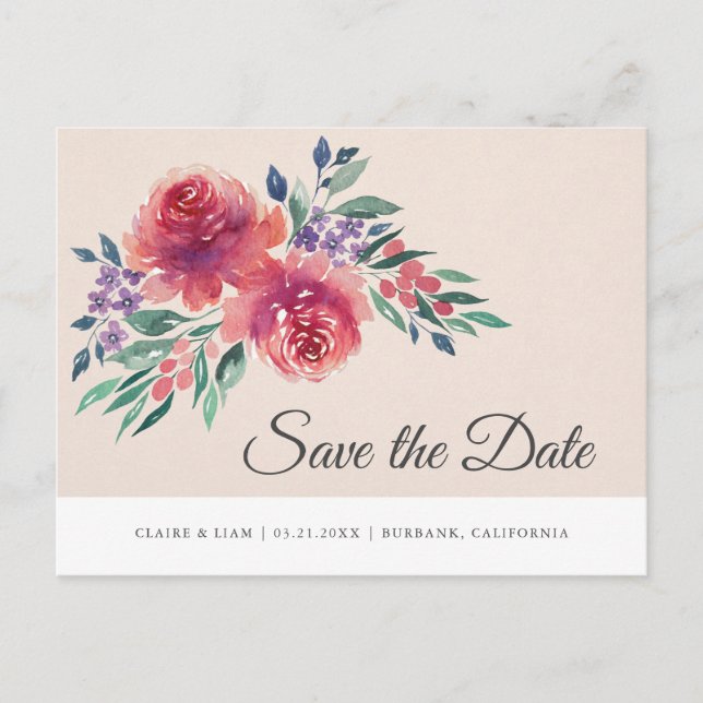 Romantic Watercolor Save The Date Announcement Postcard (Front)