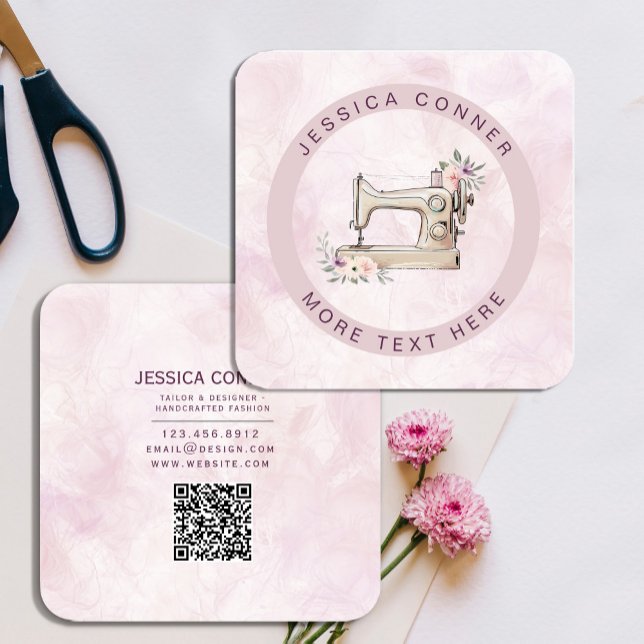 Romantic Watercolor Sewing Machine Illustration Square Business Card ("Elegant vintage sewing machine logo – perfect for boutique branding with a romantic touch! #tailor)