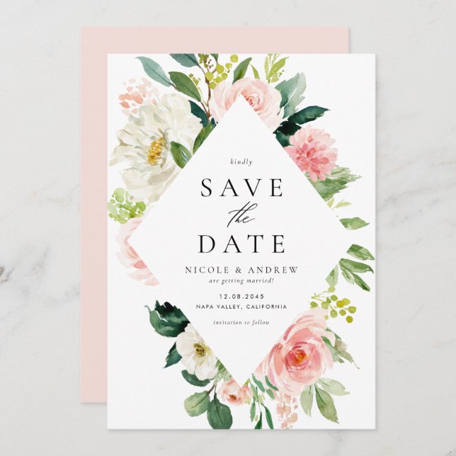 Romantic Watercolor Spring Blooms Save The Date (Front/Back)