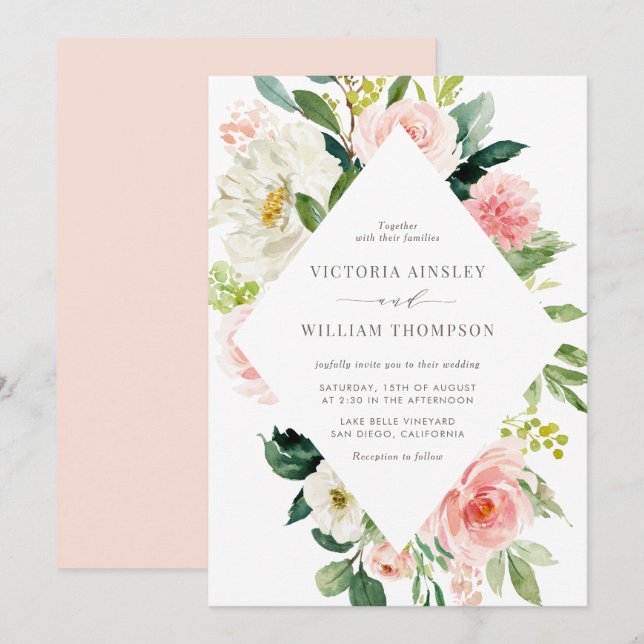Romantic Watercolor Spring Blooms Wedding Invitation (Front/Back)