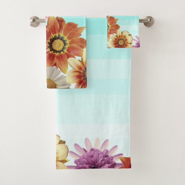Romantic ,Watercolor Stripes,Flowers Bath Towel Set (Insitu)