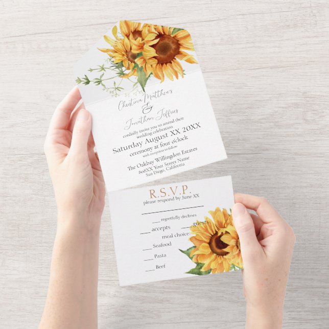 Romantic Watercolor Sunflowers All In One Invitation (Tearaway)