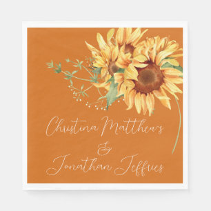 Romantic Watercolor Sunflowers on Burnt Orange Napkin