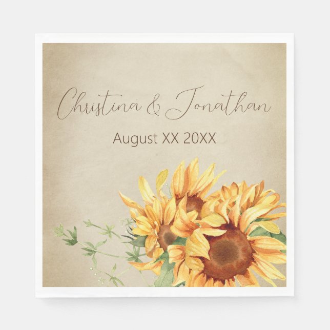Romantic Watercolor Sunflowers on Faded Parchment Napkin (Front)