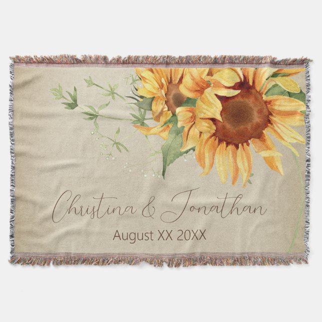Romantic Watercolor Sunflowers on Faded Parchment Throw Blanket (Front)