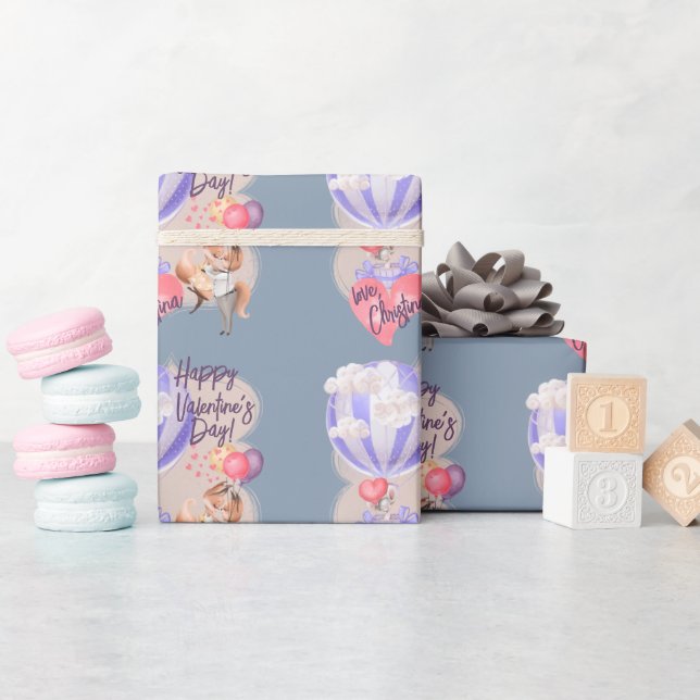 Romantic Watercolor Valentine Love Foxes on Blue Wrapping Paper (Baby Shower)