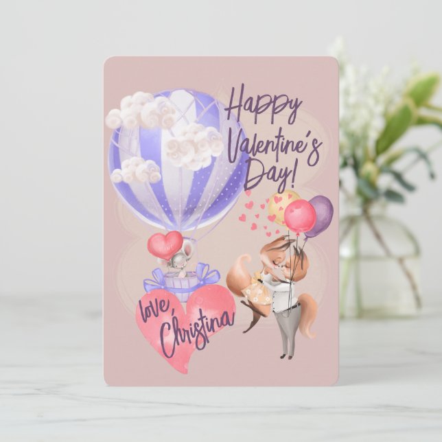 Romantic Watercolor Valentine Love Foxes on Pink Invitation (Standing Front)