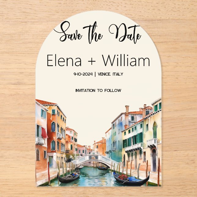 Romantic Watercolor Venice Italy Save the Date  Acrylic Invitations (Front)