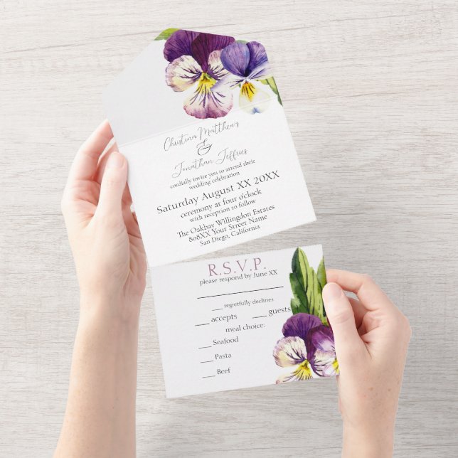 Romantic Watercolor Violets All In One Invitation (Tearaway)