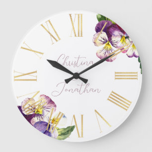 Romantic Watercolor Violets Large Clock