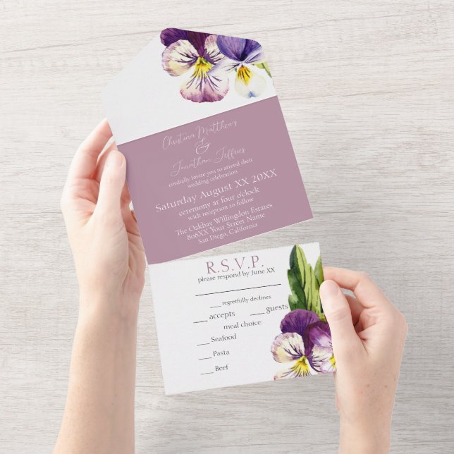 Romantic Watercolor Violets on Purple All In One Invitation (Tearaway)