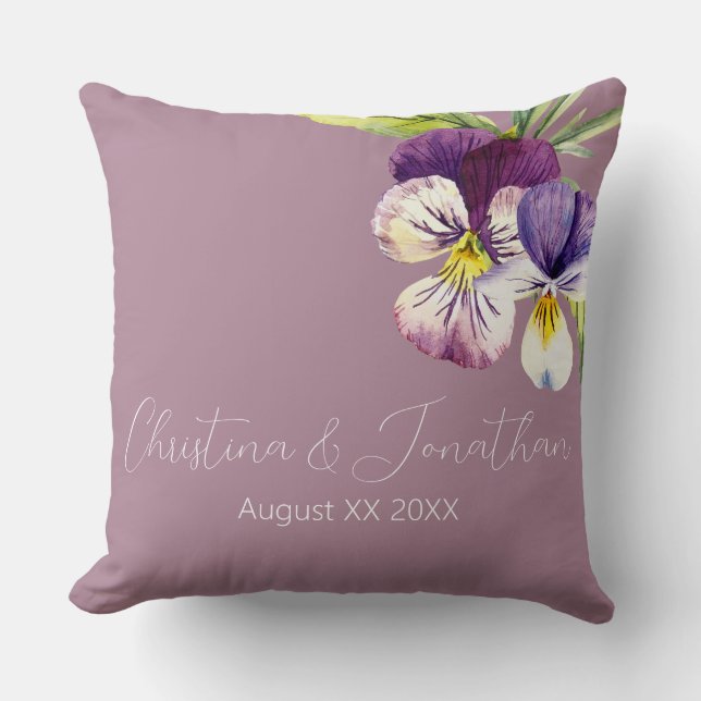 Romantic Watercolor Violets on Purple Cushion (Front)