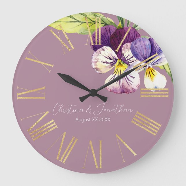 Romantic Watercolor Violets on Purple Large Clock (Front)