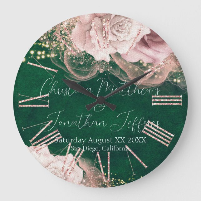 Romantic Watercolor Wedding Roses on Emerald Green Large Clock (Front)