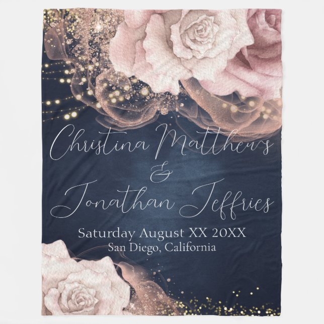 Romantic Watercolor Wedding Roses on Moody Blue Fleece Blanket (Front)
