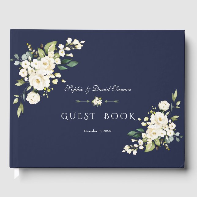 Romantic Watercolor White Flowers Navy Wedding  Guest Book (Front)