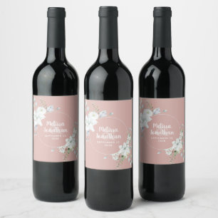 Romantic watercolor white flowers wedding custom wine label