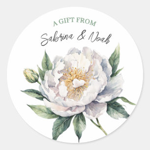 Romantic Watercolor White Peony Floral Classic Round Sticker