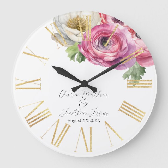 Romantic Watercolor White & Pink Ranunculus Large Clock (Front)