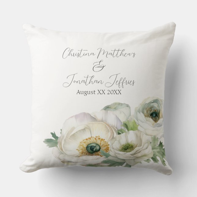Romantic Watercolor White Ranunculus Cushion (Front)