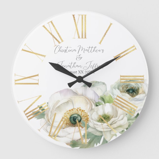 Romantic Watercolor White Ranunculus Large Clock (Front)