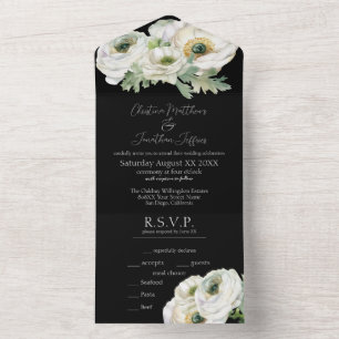Romantic Watercolor White Ranunculus on Black All In One Invitation