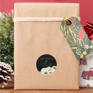 Romantic Watercolor White Ranunculus on Black Classic Round Sticker