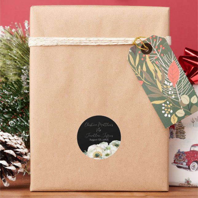 Romantic Watercolor White Ranunculus on Black Classic Round Sticker (Holiday)