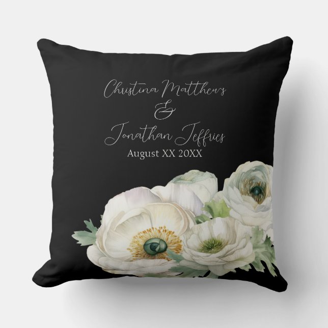 Romantic Watercolor White Ranunculus on Black Cushion (Front)