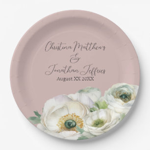 Romantic Watercolor White Ranunculus on Blush Pink Paper Plate