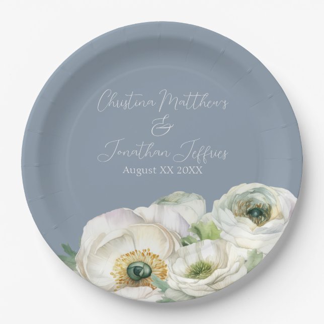 Romantic Watercolor White Ranunculus on Dusty Blue Paper Plate (Front)