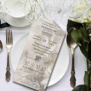 Romantic Watercolor White Rose Cream Beige QR Code All In One Invitation