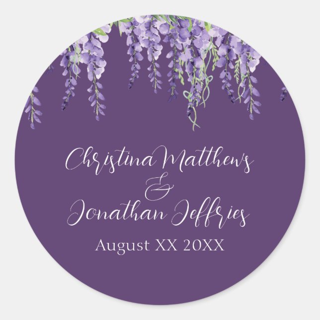 Romantic Watercolor Wisteria on Dark Purple Classic Round Sticker (Front)