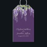 Romantic Watercolor Wisteria on Dark Purple Gift Tags<br><div class="desc">These romantic floral wedding gift tags feature a dark purple with watercolor purple wisteria flowers.  A delicate vine of wisteria and greenery is pictured on the top.</div>