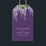 Romantic Watercolor Wisteria on Dark Purple Gift Tags<br><div class="desc">These romantic floral wedding gift tags feature a dark purple with watercolor purple wisteria flowers.  A delicate vine of wisteria and greenery is pictured on the top.</div>