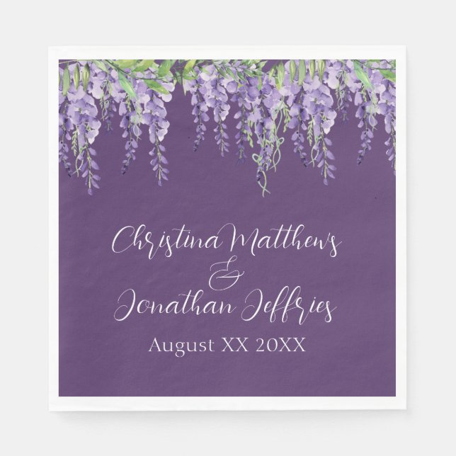 Romantic Watercolor Wisteria on Dark Purple Napkin (Front)