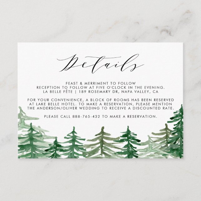 Romantic Watercolor Woodland Wedding Details Card (Front)