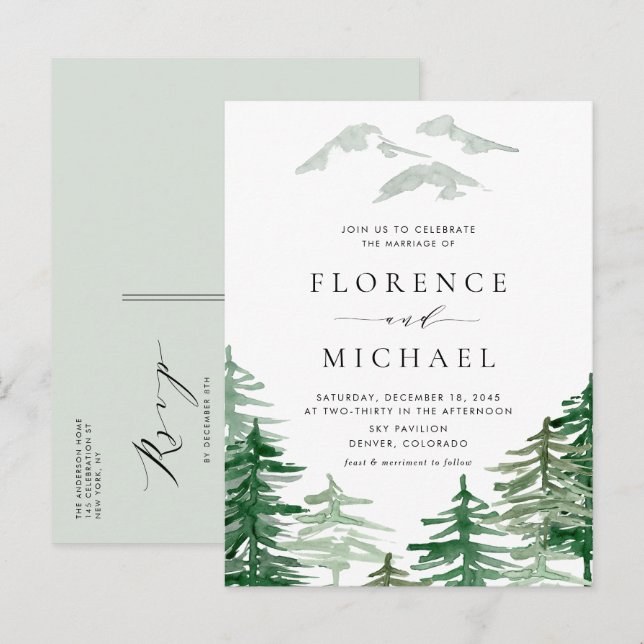 Romantic Watercolor Woodland Wedding Invitation Postcard (Front/Back)