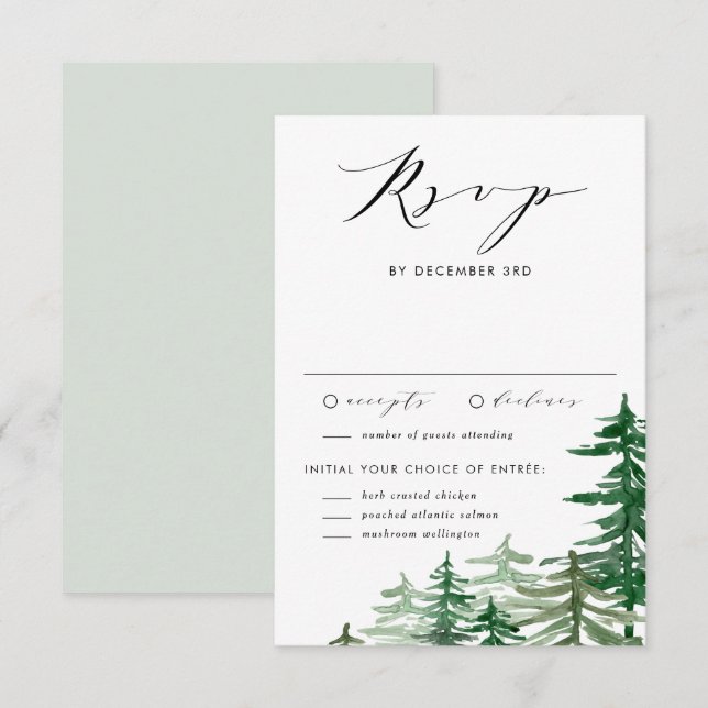 Romantic Watercolor Woodland Winter Wedding RSVP Card (Front/Back)