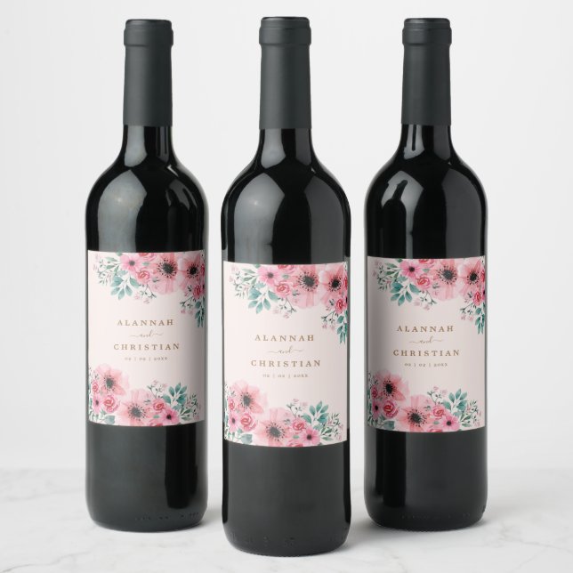 Romantic Watercolour Floral Wedding Personalised Wine Label (Bottles)