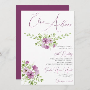 Romantic Watercolour Flowers 100th Birthday Invitation