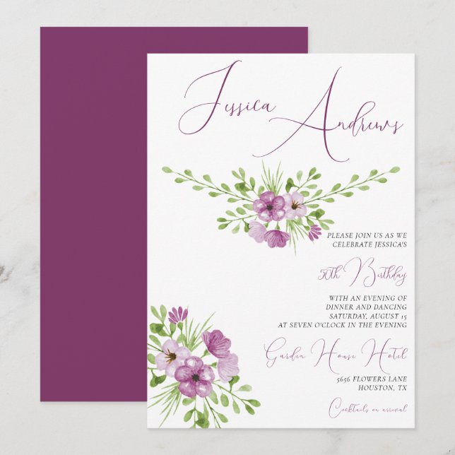 Romantic Watercolour Flowers 50th Birthday Invitation (Front/Back)