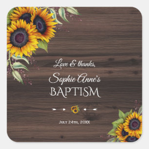 Romantic Watercolour Sunflowers Wood Baptism Square Sticker