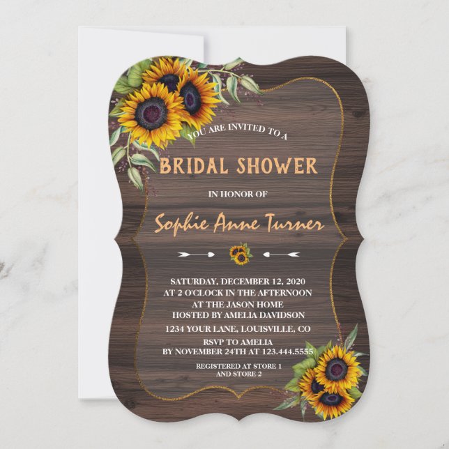 Romantic Watercolour Sunflowers Wood Bridal Shower Invitation (Front)