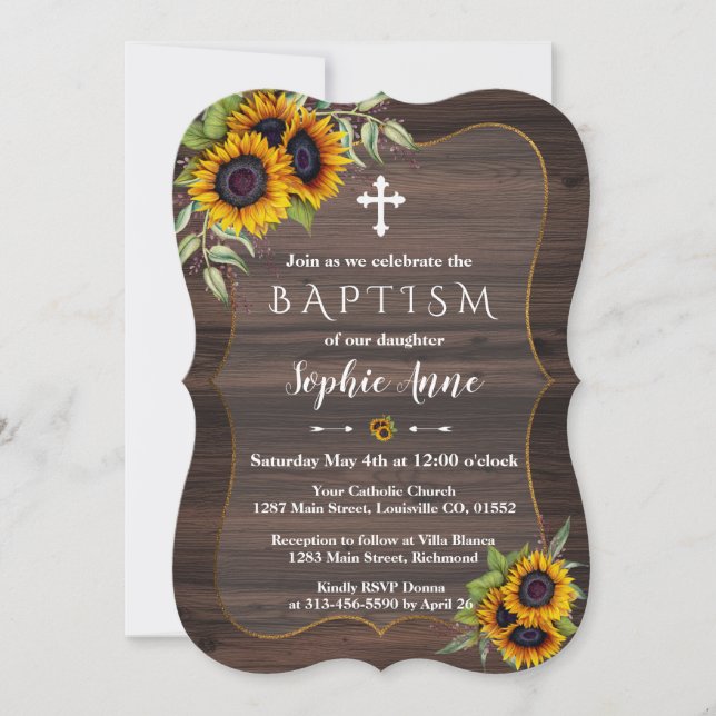 Romantic Watercolour Sunflowers Wood Wedding Invitation (Front)